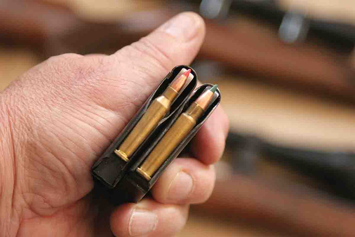 A BRNO magazine (right) allows bullets to be seated about .06 inch longer than the SAAMI-length magazine of the CZ 527, allowing plastic-tip bullets to work, despite the short neck of the K-Hornet case. Hornady shortened its version of the .17 Hornet to avoid any problems with plastic tips.